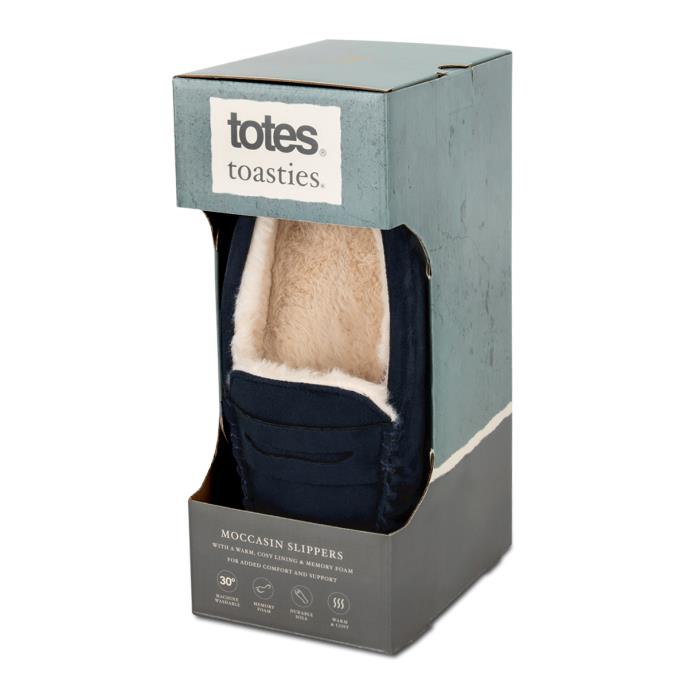 totes toasties® Mens Suedette Moccasin Slipper With Faux Fur Lining Navy Extra Image 1